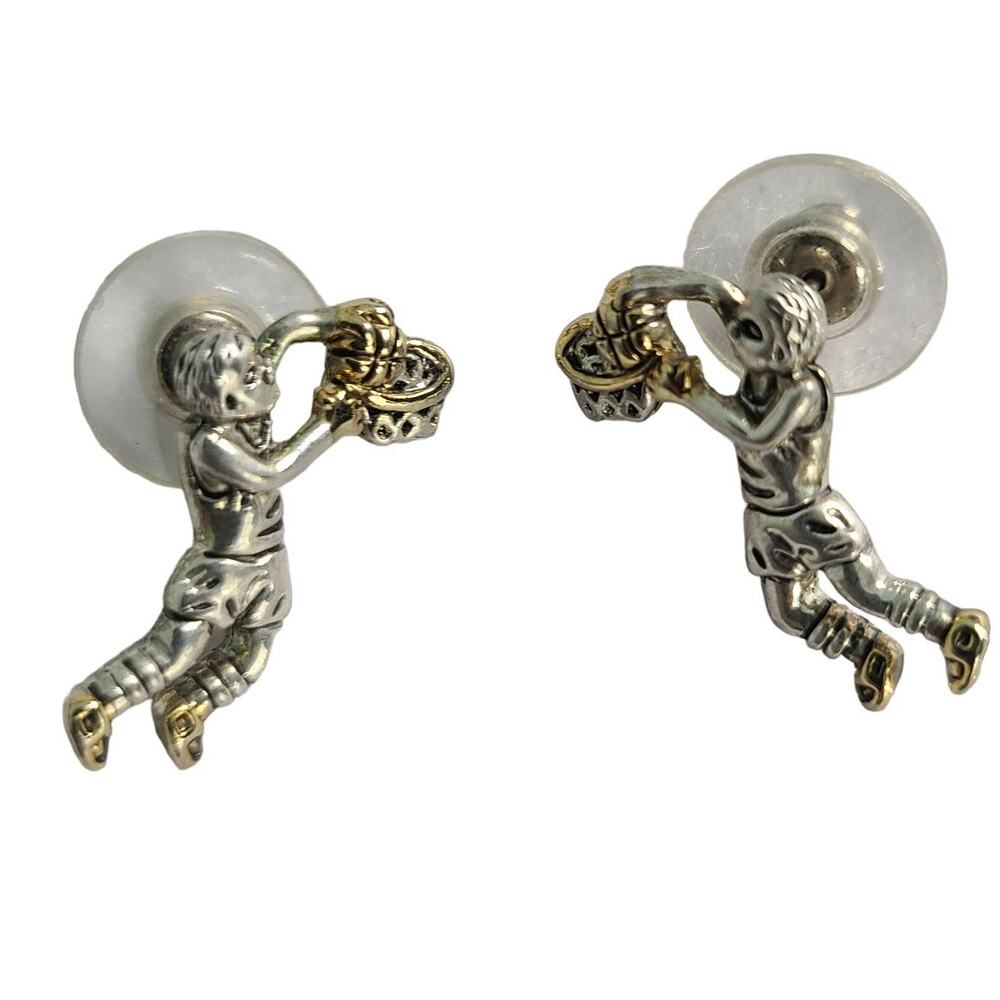 Vintage 1990s Basketball Player Two tone Metal Stud Earrings 1" NEW Deadstock